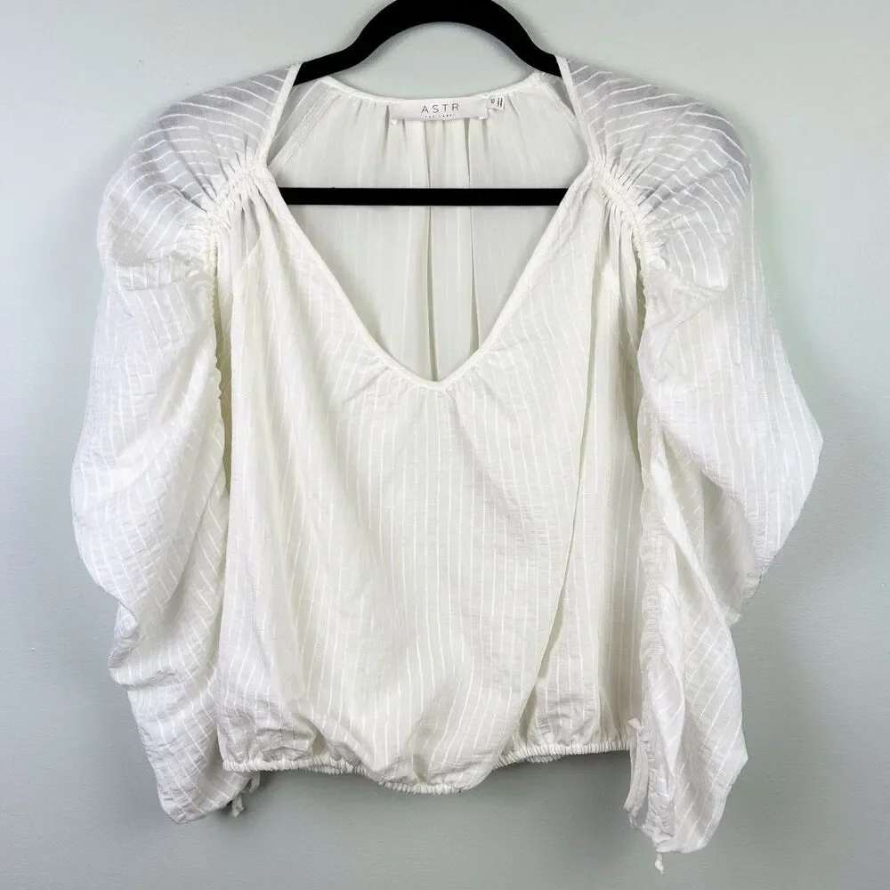 ASTR the Label Ruched Puff Long Sleeve Top White Sheer Pinstripe Blouse VNeck XS